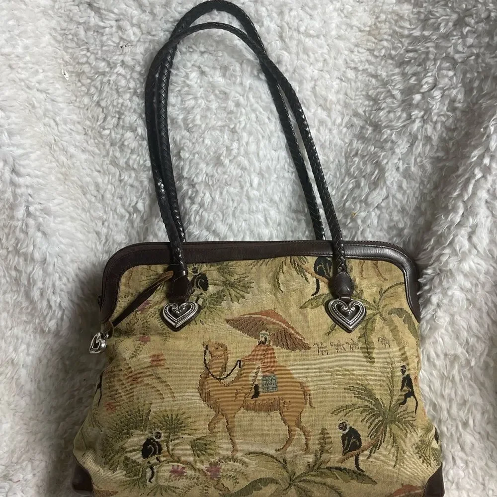 Brighton tapestry Safari prints large shoulder bag braided brown leather straps